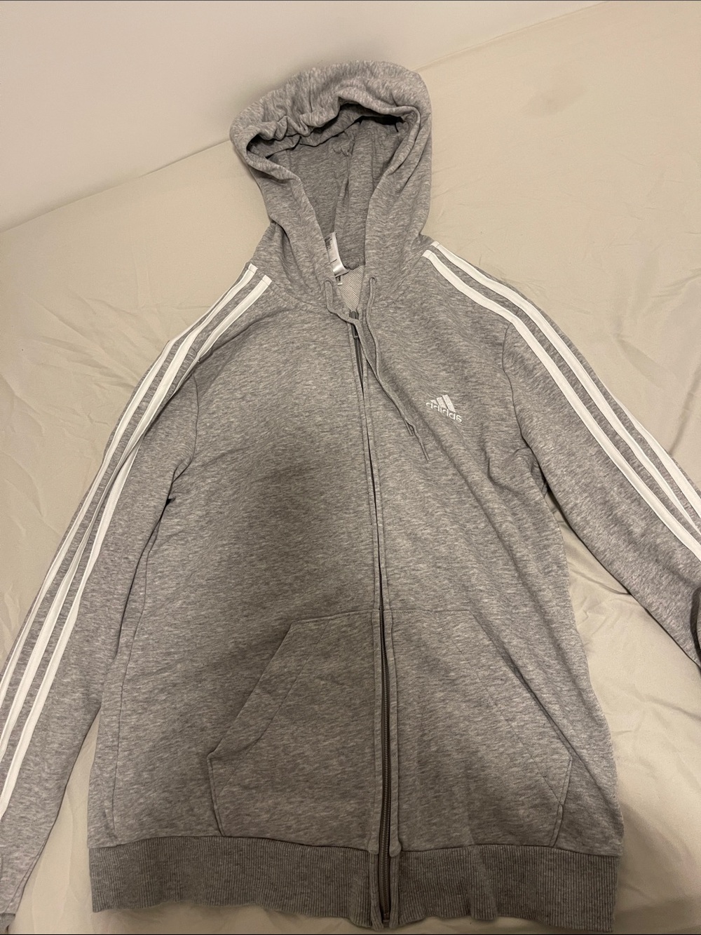 adidas Men’s Light Gray Hooded Zip-Up Track Jacket with White Stripes